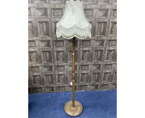 WALNUT STANDARD LAMP, with shade, 175cm high overall, along with a three drawer bedside chest (2)