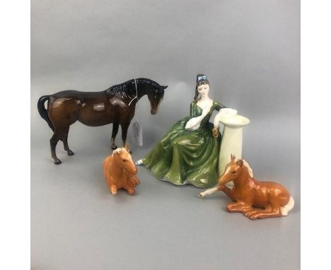 LOT OF SEVEN BESWICK HORSES, along with a Royal Doulton figural candlestick, 17cm high (8)