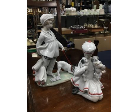 LLADRO FIGURE OF A GIRL AND A DOG, 25cm high, along with a Lladro figure of a girl with two Dalmatian puppies and two Nao fig