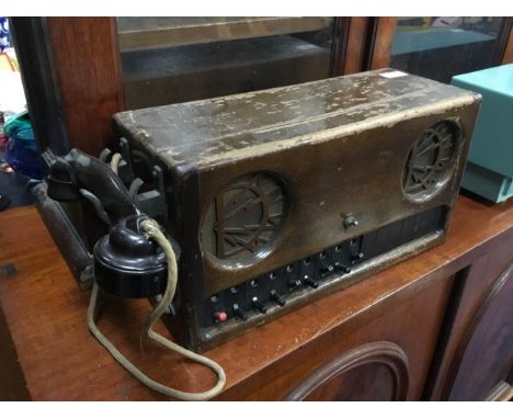 VINTAGE TELEPHONE, in stained wood case, by Pictograph Telephones, 51cm wide
