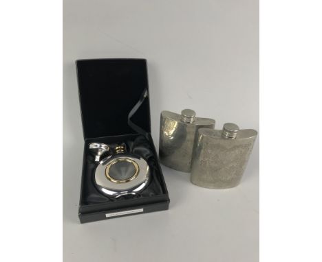 TWO PEWTER HIP FLASKS, with Celtic decoration, along with various lighters