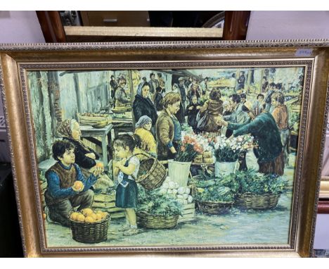 R.PASQARELL, THE MARKET, print, Framed, along with other pictures and prints