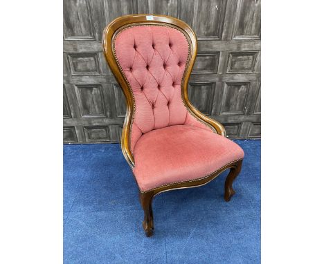 MAHOGANY BUTTON BACK NURSING CHAIR, with pink upholstery