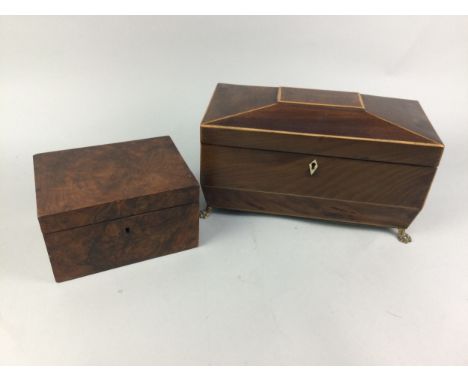19TH CENTURY MAHOGANY SARCOPHAGUS SHAPED TEA CADDY, 31cm wide, along with a walnut casket (2)