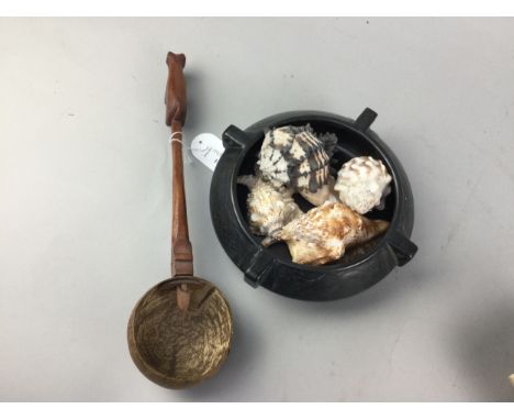 COLLECTION OF SEASHELLS, along with a coconut shell ladle, also postcards and a treen wallet