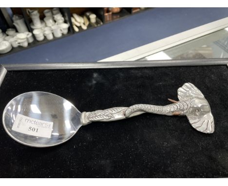 CONTEMPORARY SOUTH AFRICAN PEWTER SPOON, the handle in the form of an elephant head, tusk and trunk, by Nina Von Kloof, 23.5c