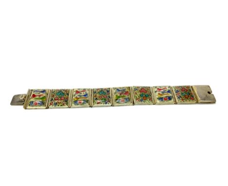 EASTERN WHITE METAL AND ENAMEL MOUNTED BRACELET, formed with rectangular panels each painted with bird and floral designs, st
