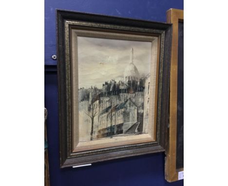 CITYSCAPE, framed oil on canvas, along with a portrait of a female (2)