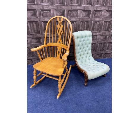 WALNUT BUTTON BACK NURSING CHAIR, along with a pine rocking chair (2)
