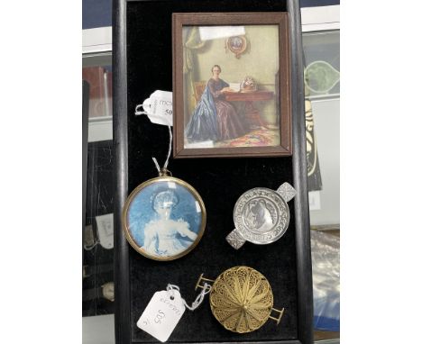 TWO MINIATURE PRINTS, along with a pewter Robert Burns Timorous Beastie quaich and a gilt filigree basket