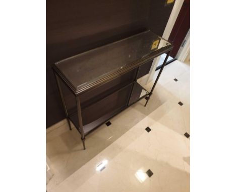 A Forged Metal Two Tier Console Table With Glass Shelves 88 x 24 x 74cm (Room 131)