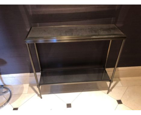 A Forged Metal Two Tier Console Table With Glass Shelves 88 x 24 x 74cm (Room 240)
