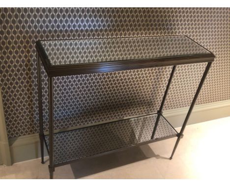 A Forged Metal Two Tier Console Table With Glass Shelves 88 x 24 x 74cm (Room 219)