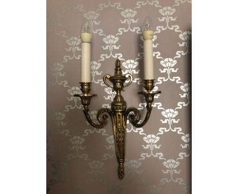 A Pair Of Wall Appliques Twin Leaf Capped Scroll Arms Issuing From A Well-Cast Single Decorative Tapering Column Backplate To