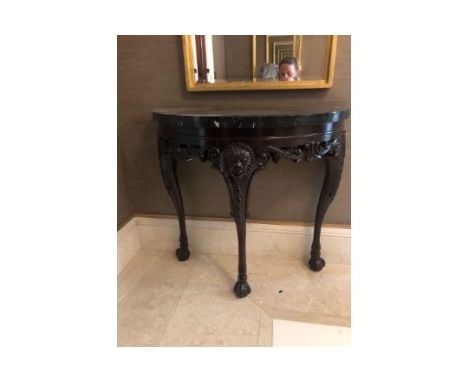 { Option of lots:  1150 } Demi Lune Console Table Wooden Table With Carved Details And Black Marble Top 85 x 39 x 78cm (Room 