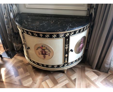 Adam Style Demilune Commode Cabinet With Classical Painted Scenes And Gilded Decoration With Marble Top Internally Fitted Wit