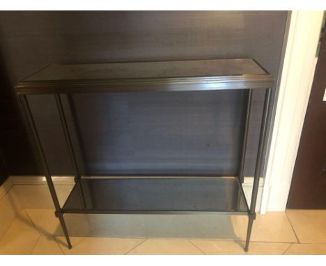 A Forged Metal Two Tier Console Table With Glass Shelves 80 x 26 x 77cm (Room 214)