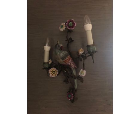 A Pair Of French Gilt Metal And Porcelain Twin Light Parrot Wall Appliques Featuring Delicate Porcelain Flowers Set On Brass 