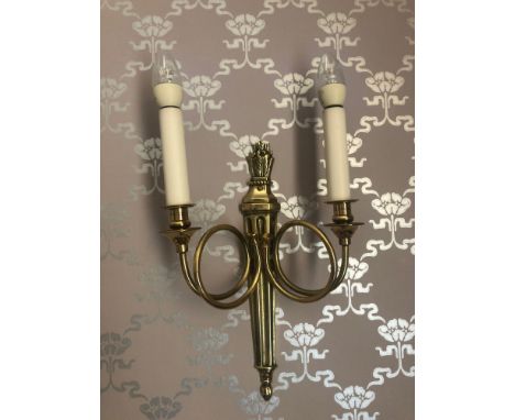 A Pair Of Wall Appliques Twin Arm Capped Scroll Arms Issuing From A Well-Cast Single Decorative Tapering Column Backplate Wit