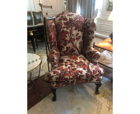 Upholstered Wingback Fireside Chair In A Damask Light Pink Fabric With Golden Leaf Pattern With Contrast Seat Pad 72 x 60 x 1