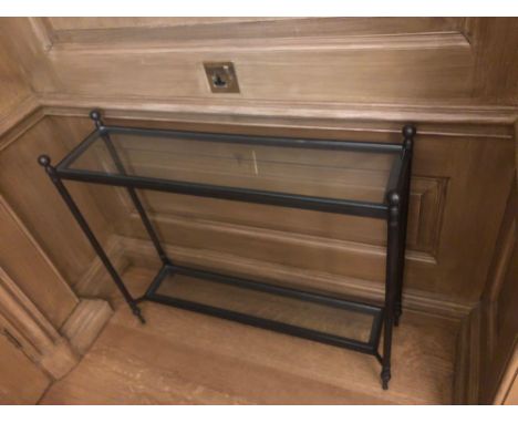 A Forged Metal Two Tier Console Table With Glass Shelves 88 x 24 x 74cm (Room 210)