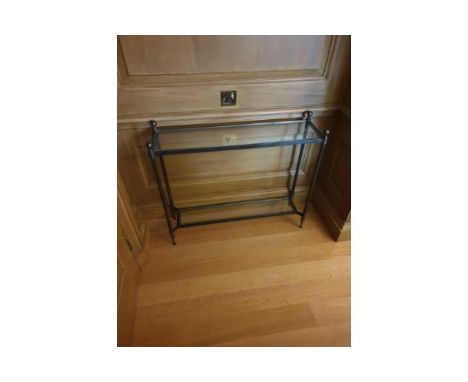 A Forged Metal Two Tier Console Table With Glass Shelves 88 x 24 x 74cm ( Room 121)