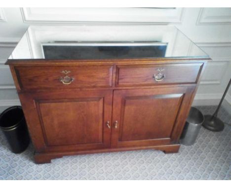 Oak Two Door Two Drawer Cabinet On Bracket Base Glass Distressed Mirrored Top Internally Fitted With Mini Bar 121 x 60 x 61cm