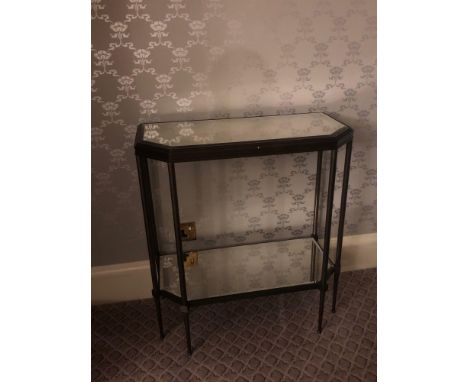 A Forged Metal Two Tier Console Table With Glass Shelves 88 x 24 x 74cm (Room 221)