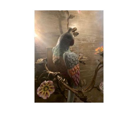 A Pair Of French Gilt Metal And Porcelain Twin Light Parrot Wall Appliques Featuring Delicate Porcelain Flowers Set On Brass 