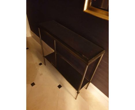 A Forged Metal Two Tier Console Table With Glass Shelves 88 x 24 x 74cm (Room 140)