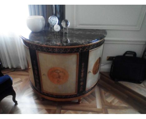 Adam Style Demilune Commode Cabinet With Classical Painted Scenes And Gilded Decoration With Marble Top Internally Fitted Wit