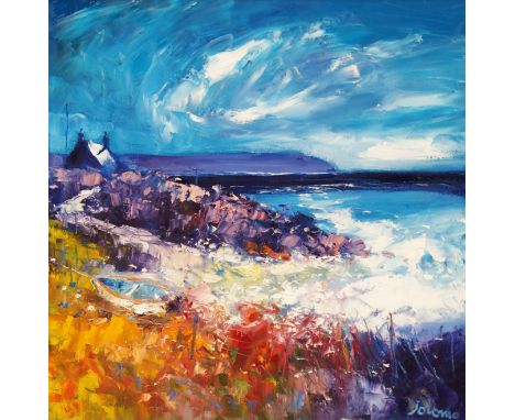 *JOHN LOWRIE MORRISON (JOLOMO) OBE (SCOTTISH B. 1948) EVENING LIGHT OVER THE MULL OF KINTYRE Oil on canvas, signed, 61 x 61cm