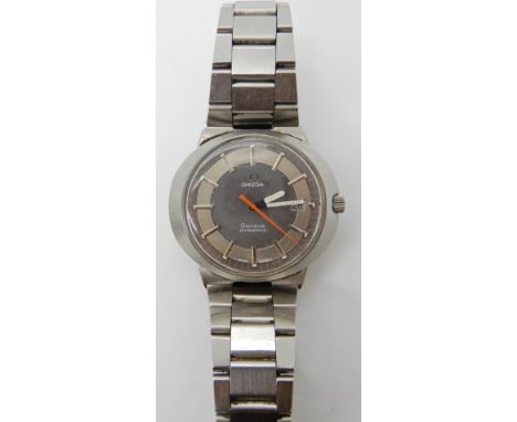 A GENTS RETRO OMEGA GENEVE DYNAMIC with slate grey and silvered dial, baton numerals and a bright orange seconds hand, dimens