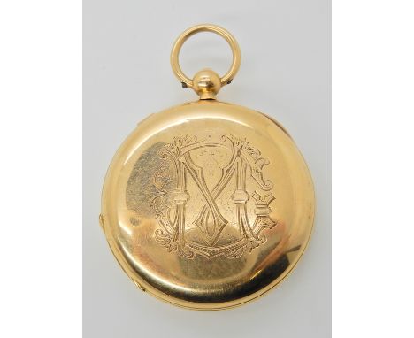 AN 18CT GOLD FULL HUNTER POCKET WATCH the white enamel dial with Roman numerals, both dial and the mechanism are stamped with