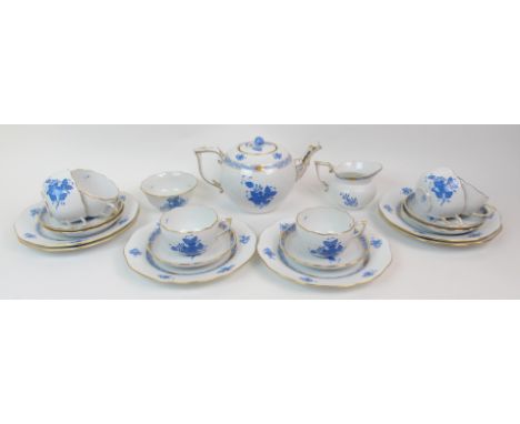 A HEREND CHINESE BOUQUET BLUE PATTERN TEASET comprising teapot, six cups, saucers, plates, milk jug and sugar bowl (21) Condi