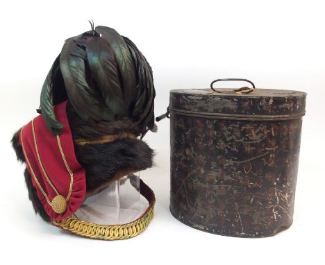 A BRITISH HUSSAR OFFICER'S FUR BUSBY with three lines of gilt cord, red felt side flash with purl button, detachable feather 