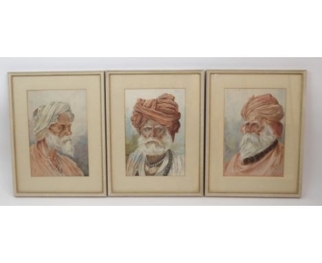 M.A. AZEEZ three portrait heads of elderly Sikh bearded gentlemen, signed watercolours, dated 1912, 25cm x 17cm (3) Condition