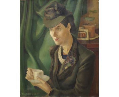 •JOZEF SEKALSKI ARE, SSA (POLISH 1904-1972)PORTRAIT OF A WOMAN TAKING TEAOil on canvas, signed and dated 1945, 61 x 51cm (24 