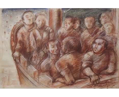 •PETER HOWSON OBE (SCOTTISH B. 1958) BOAT PEOPLE Conte on paper, signed and dated (19)85, 30 x 44cm (11 3/4 x 17 1/4") Glasgo