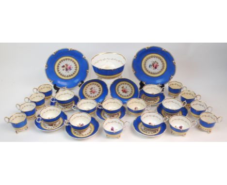 A 19TH CENTURY ENGLISH SOFT PASTE PORCELAIN TEA AND COFFEE/CHOCOLATE SERVICE painted with bands of blue and yellow with centr