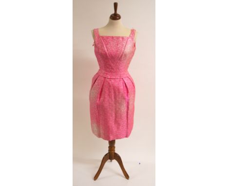 DEBORAH KERR: A VINTAGE PINK SLEEVELESS COCKTAIL DRESS WITH SILVER FLORAL BROCADE a vintage beige chiffon long sleeve scoop n