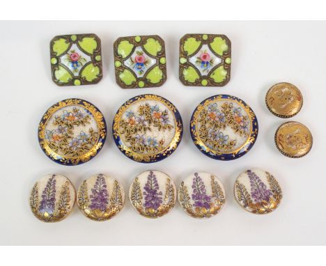 THREE SATSUMA BUTTONS painted with flowers, 2cm diameter, five buttons with lupins, 1.5cm diameter, a pair of buttons with dr