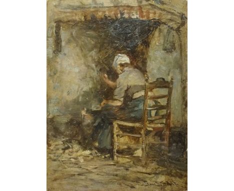 GEORGE SMITH RSA (SCOTTISH 1870-1934) PREPARING SUPPER Oil on board, signed, 40 x 30cm (15 3/4 x 11 3/4") Oil sketch of a woo