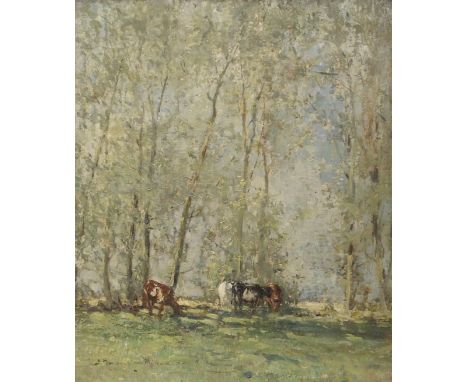 •JOHN MACLAUCHLAN MILNE RSA (SCOTTISH 1885-1957) CATTLE GRAZING IN DAPPLED SUNLIGHT Oil on canvas, signed, 61 x 51cm (24 x 20