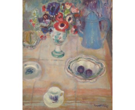 •MARGARET ROSS HISLOP RSA, RBE (SCOTTISH 1894-1972) STILL LIFE WITH PLUMS AND ANEMONES Oil on board, signed, 63 x 51cm (24 3/