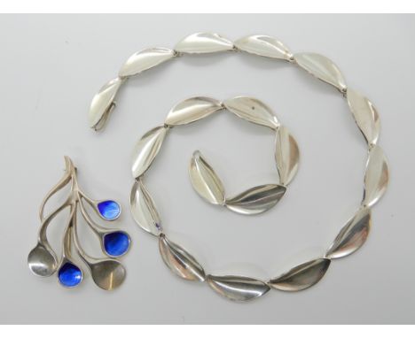 A DANISH SILVER NECKLACE AND A BROOCH the necklace of leaf design is stamped sterling Denmark A&amp;K (Aarre &amp; Krogh) len