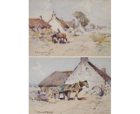 •ROBERT RUSSELL MACNEE RSW (SCOTTISH 1880-1952) HORSE AND CART BY A COTTAGE; HORSES WATERING BY COTTAGES Watercolour, singed 