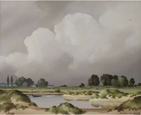 •ANDRE DE LIEVIN (FRENCH 1910-1976) MOORED BOAT ON AN ESTUARY Oil on canvas, signed, 46 x 55cm (18 x 21 1/2") Bears inscripti