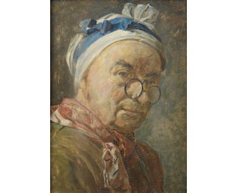 •JOHN BULLOCH SOUTER (SCOTTISH 1890-1972) SELF PORTRAIT AS CHARDIN Oil on board, 20 x 14cm (7 7/8 x 5 1/2") Condition Report: