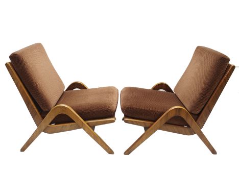 A PAIR OF MORRIS OF GLASGOW WALNUT VENEERED BOOMERANG CHAIRS 80cm high (2) This item is offered for sale as a work of art, it